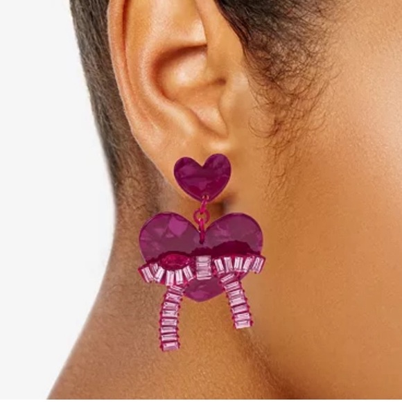NWT INC Earrings Double Hearts in Dark Pink Acrylic w/ bow in pink baguettes - Picture 3 of 9